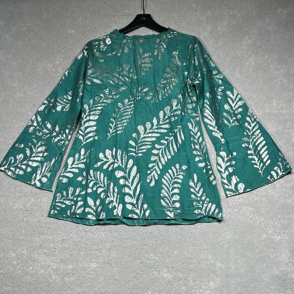 Hale Bob Top Womens Small Teal Silk Blend Metallic Gold Leaf Cabana Beach Tunic - Picture 10 of 14